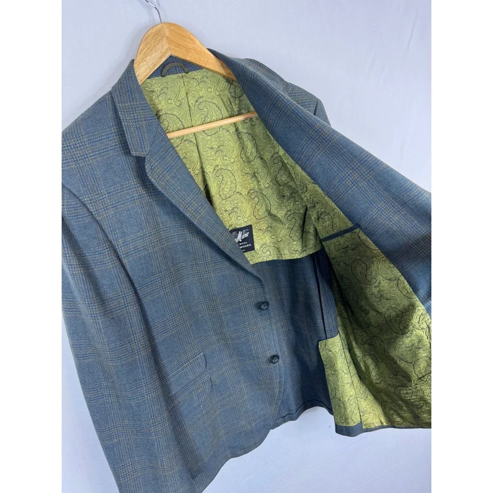 Vintage Beau Marc Saxony Tweed Wool Blazer Blue Plaid Sport Coat Made in England